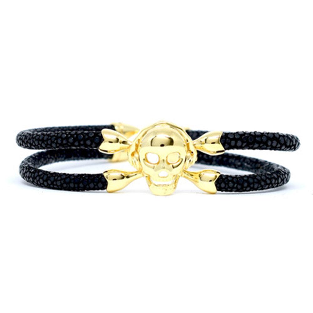Skull Bracelet | Black with Gold Skull | Double Bone