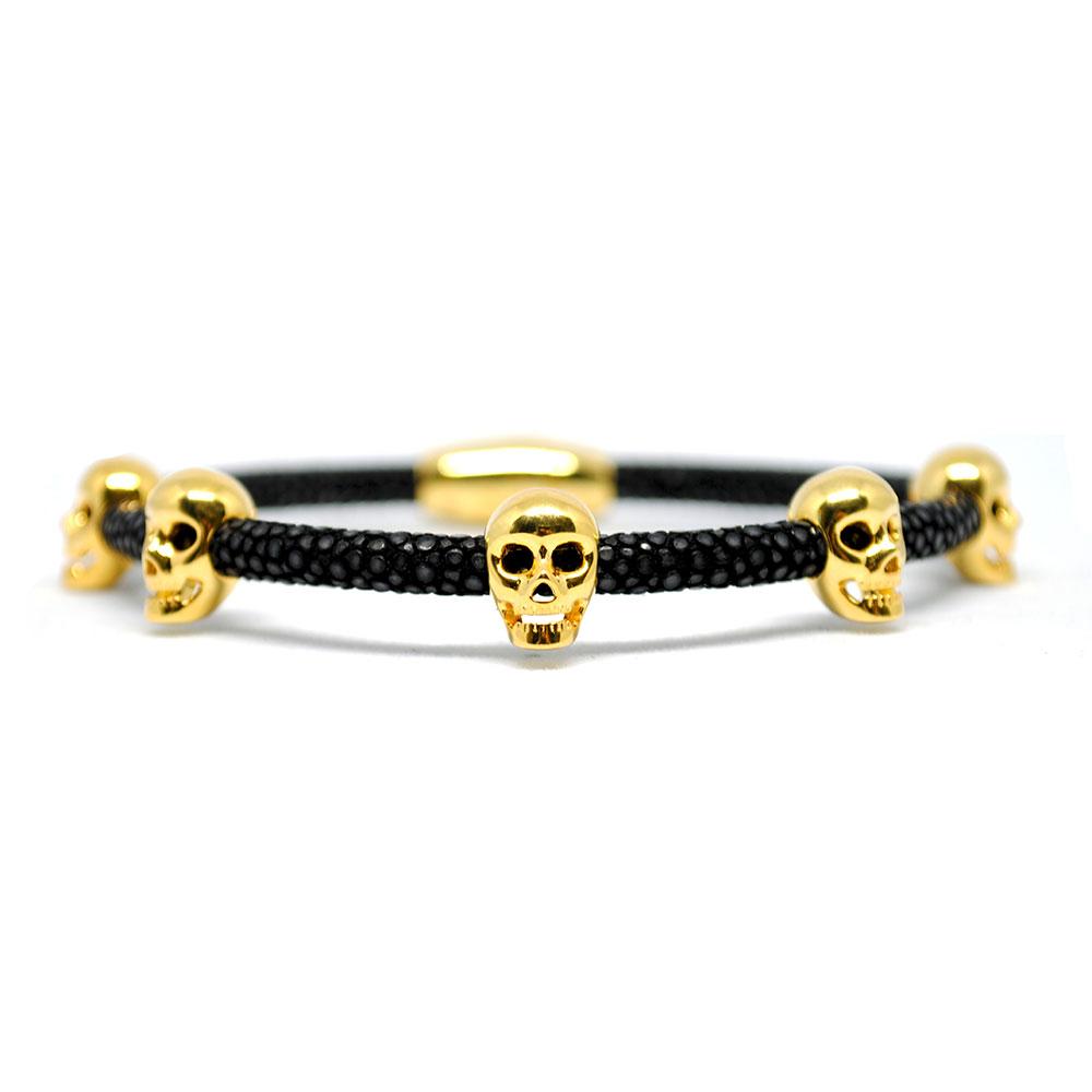 Skull Bracelet | Black with Gold Skulls | Double Bone