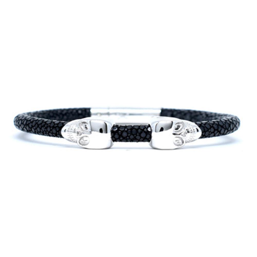 Skull Bracelet | Black | 2 Silver Skulls | Double Bone